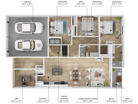 Floor plan for 3 beds, 2 baths, 1330 sqft